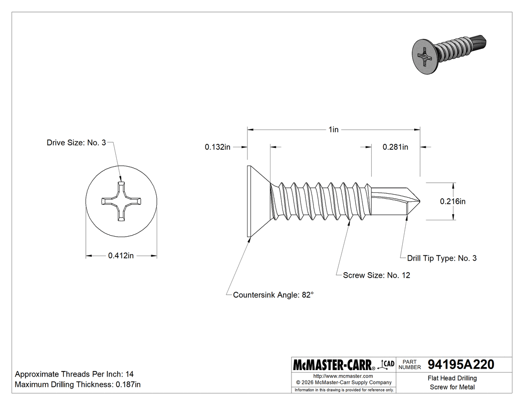 Technical Drawing of Phillips Flat Head Drilling Screw, 410 Stainless Steel, Number 12 Size, 1" Long.